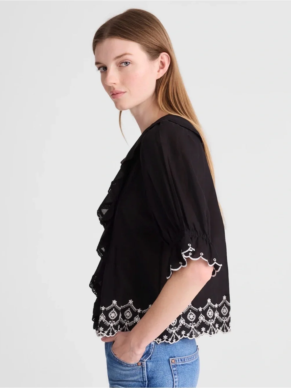 Madewell The Blaire Top Jet Black Embroidered Ruffle Blouse Size M NWT